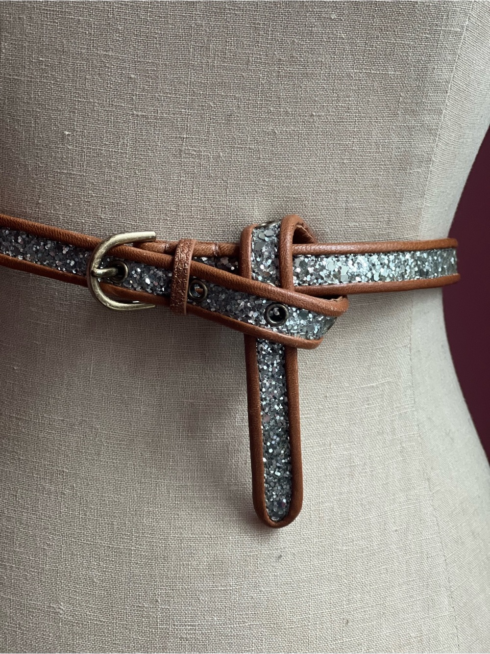 J. Crew Brown Leather Belt with Silver Glitter Inlay